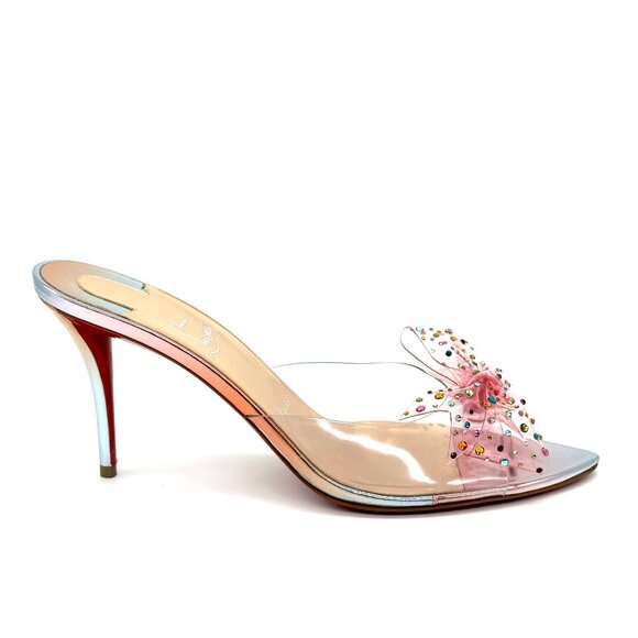 Christian Louboutin AQUA STRASS 80 PVC Crustal Bow Mule Sandals Heels - Picture 9 of 16